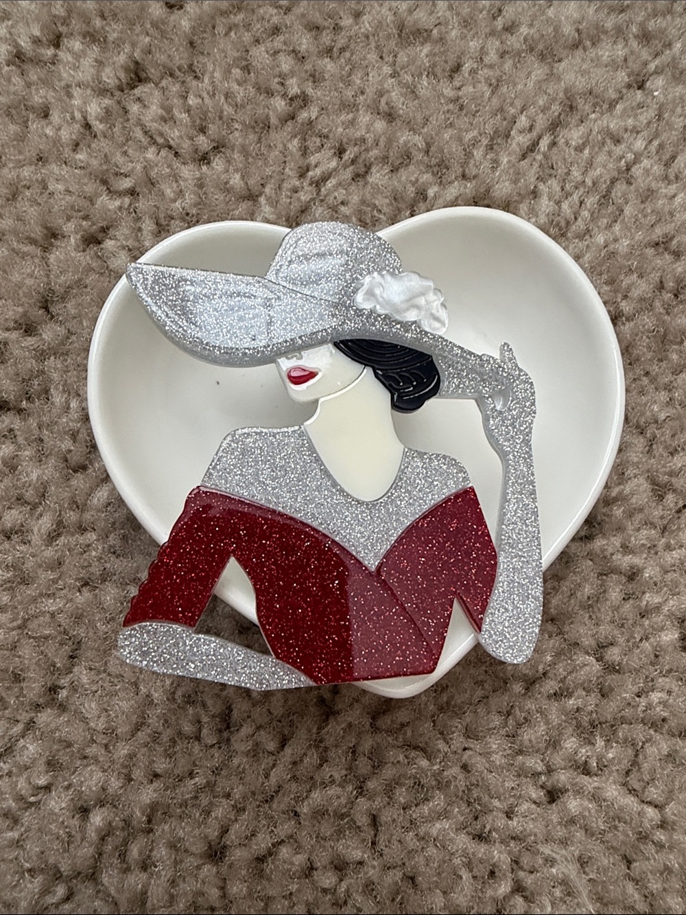 Stylish Red & Silver Lady Brooch - Elegant Fashion Pin